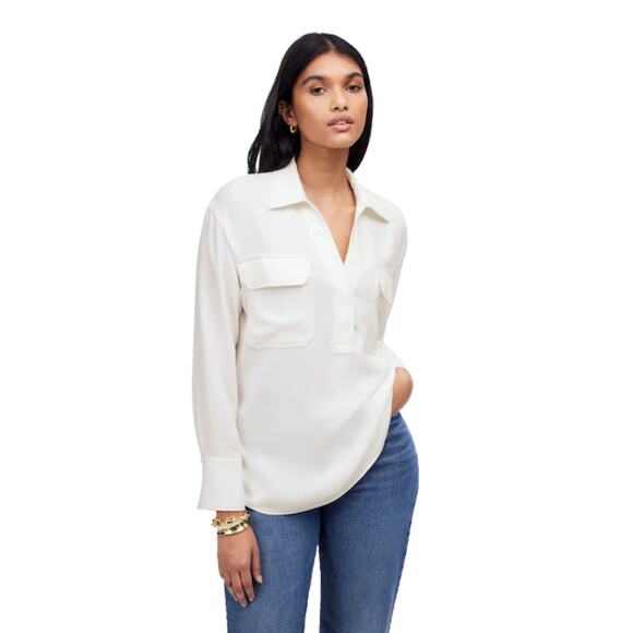 Madewell Contrast-Stitch Popover Shirt White Blouse M NWT Long Sleeve - Picture 1 of 9